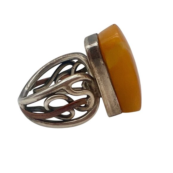 Artisan Jewelry - Butterscotch Amber Sterling Silver Artisan Statement Ring Scroll Design Size 7